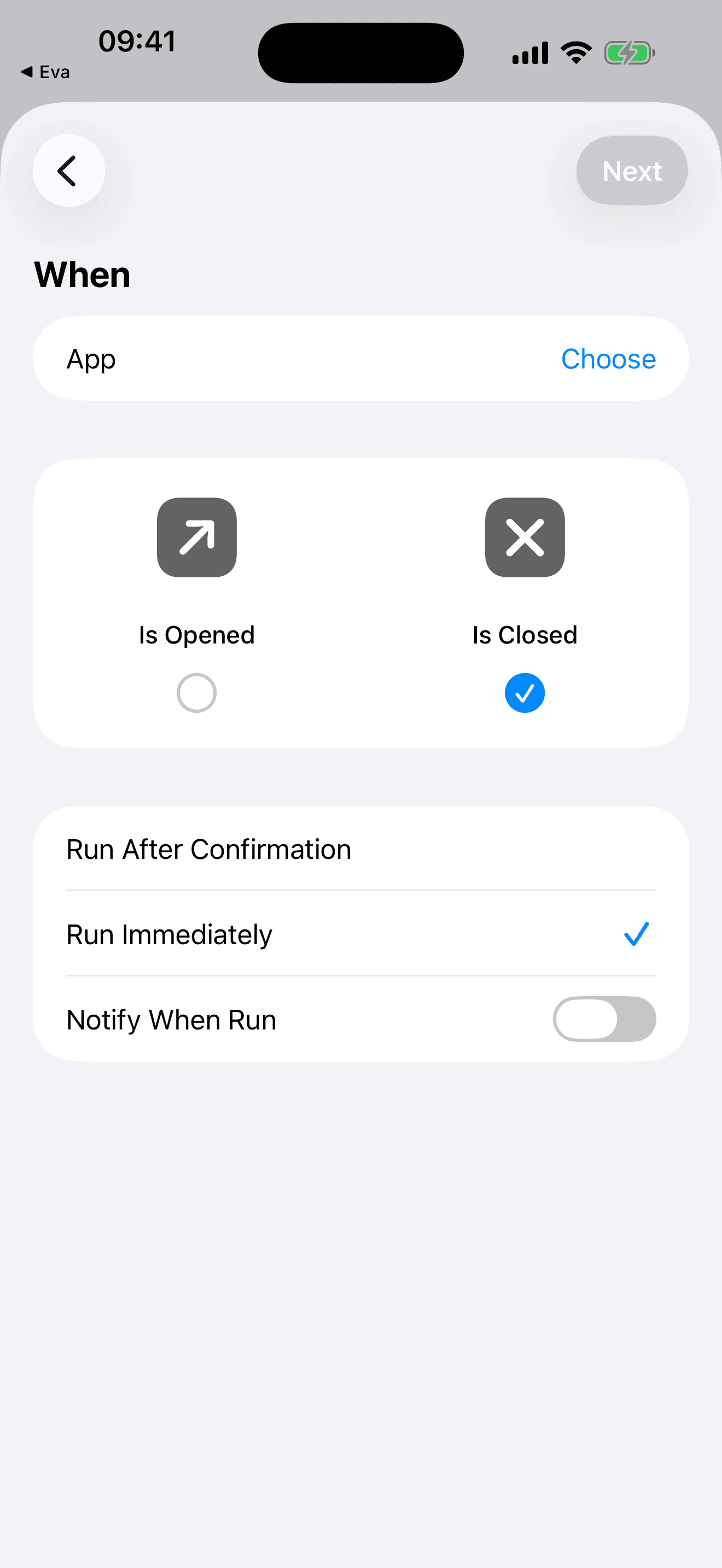 iOS-Kurzbefehle-Automation — App-Trigger, Wird geschlossen, Sofort ausführen